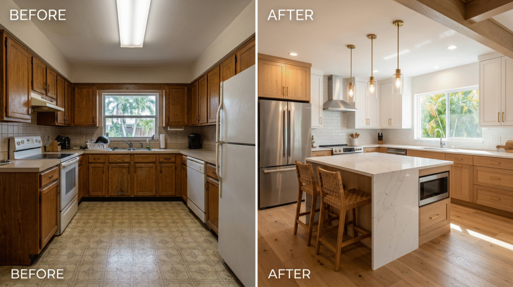 Before and after kitchen remodeling transformation concept