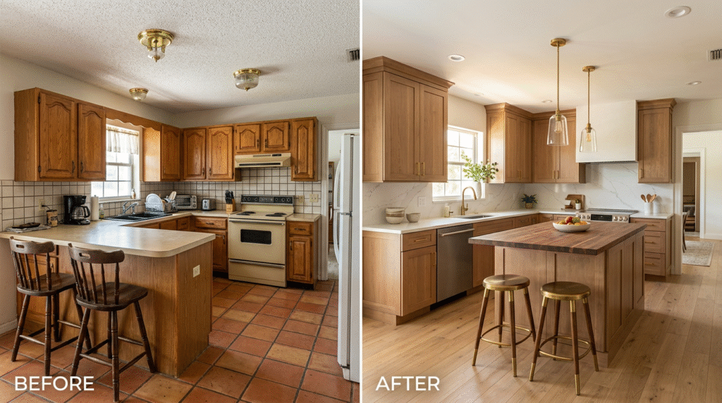 Before and after kitchen remodeling transformation concept with updated cabinets, countertops, island, and flooring